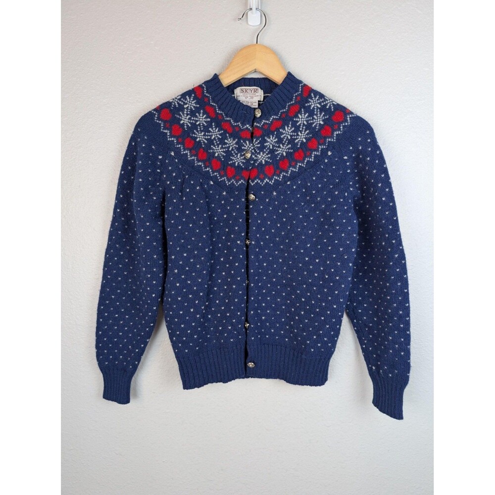 Vintage SKYR Sweater Womens Medium Blue Wool Shetland Nordic Cardigan Hearts 80s